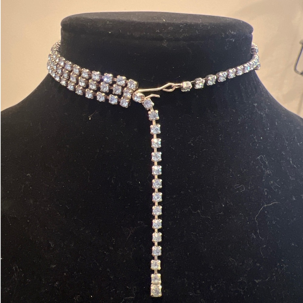 Vtg 1950s Light Blue Rhinestone Triple Strand Choker Necklace Silver Tone 15in - Picture 3 of 4